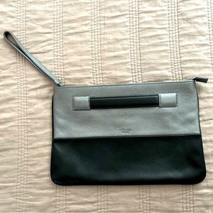 PERLINA Leather Clutch/Wristlet. Black/Gray (silvery), 12” W x 8” T.
